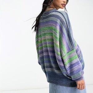 Free People Easy Street space dye oversized stripe sweater Blue Green Rainbow XS